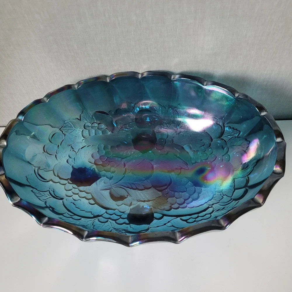 Indiana Large Glass Harvest Grape Bowl Unisex Blue Excellent Carnival Iridescent